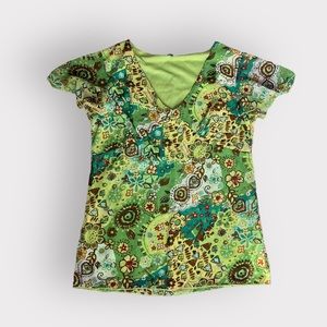 Vintage Y2K Brittany Black Green Floral Holographic Sequin Flutter Sleeve Blouse